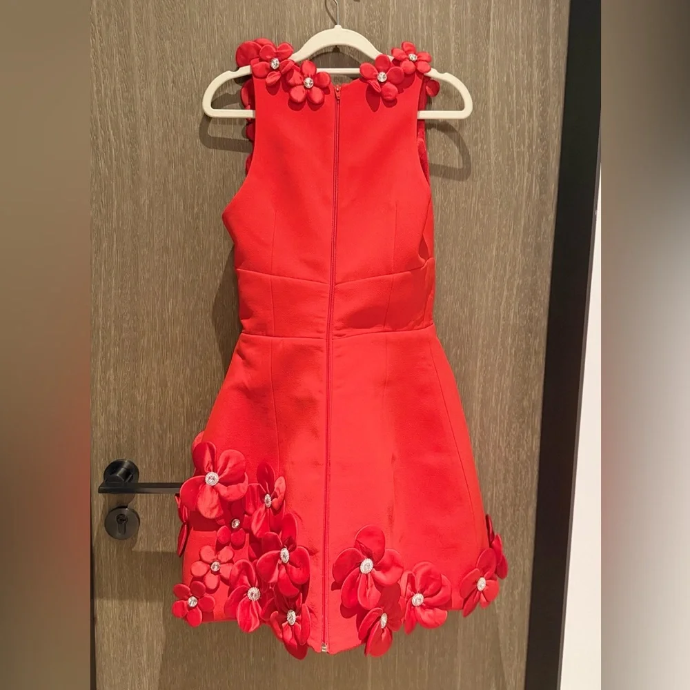 Bronx and Banco Red Floral Appliqué Deep V Mini Dress-RRP$895
